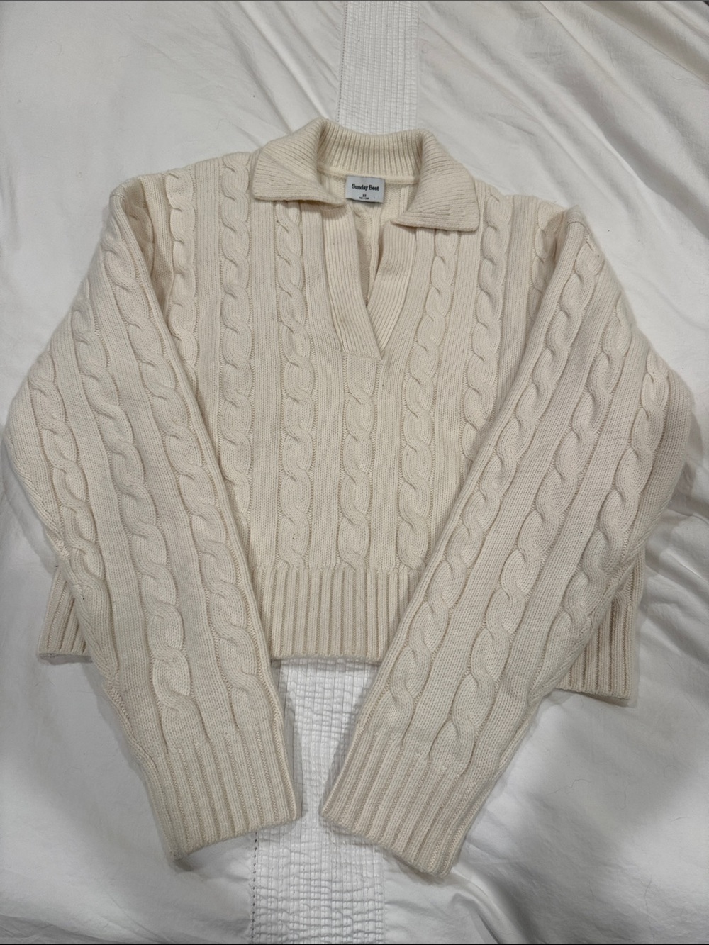 Sunday Best Cream Cable-Knit V‑Neck Polo Sweater